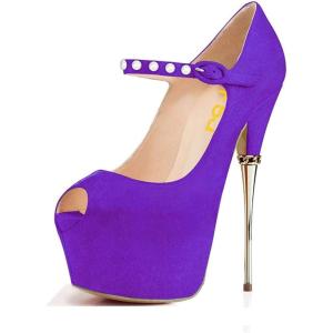 imageFSJ Women Sexy Peep Toe Sky High Heels Platform Pumps Ankle Straps Marry Jane Shoes with Metal Stilettos Size 415 USPurple