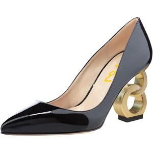 imageFSJ Women Stylish Metallic Gold Chain High Heel Pumps Pointed Toe Slip On Patent Leather Office Lady Party Shoes Size 416 USBlack