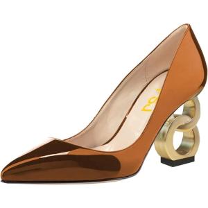 imageFSJ Women Stylish Metallic Gold Chain High Heel Pumps Pointed Toe Slip On Patent Leather Office Lady Party Shoes Size 416 USBrown