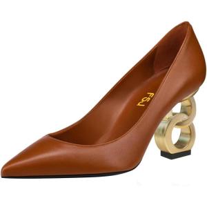 imageFSJ Women Stylish Metallic Gold Chain High Heel Pumps Pointed Toe Slip On Patent Leather Office Lady Party Shoes Size 416 USChocolate