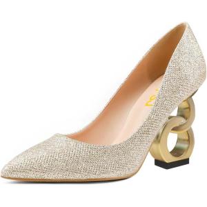 imageFSJ Women Stylish Metallic Gold Chain High Heel Pumps Pointed Toe Slip On Patent Leather Office Lady Party Shoes Size 416 USGold