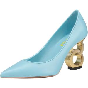 imageFSJ Women Stylish Metallic Gold Chain High Heel Pumps Pointed Toe Slip On Patent Leather Office Lady Party Shoes Size 416 USLight Blue