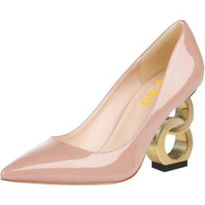 imageFSJ Women Stylish Metallic Gold Chain High Heel Pumps Pointed Toe Slip On Patent Leather Office Lady Party Shoes Size 416 USNude
