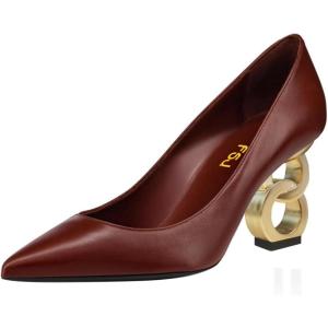 imageFSJ Women Stylish Metallic Gold Chain High Heel Pumps Pointed Toe Slip On Patent Leather Office Lady Party Shoes Size 416 USNutbrown