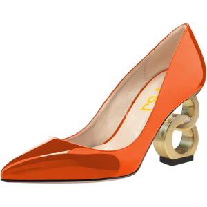 imageFSJ Women Stylish Metallic Gold Chain High Heel Pumps Pointed Toe Slip On Patent Leather Office Lady Party Shoes Size 416 USOrange