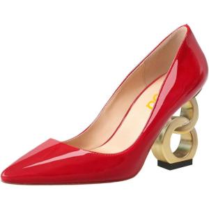 imageFSJ Women Stylish Metallic Gold Chain High Heel Pumps Pointed Toe Slip On Patent Leather Office Lady Party Shoes Size 416 USRed