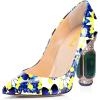 imageFSJ Women Printing Pump Chunky High Crystal Heels Pump Colorful Closed Pointed Toe Bridal Party Dress Shoe Size 415 USFlower Blue