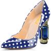 imageFSJ Women Printing Pump Chunky High Crystal Heels Pump Colorful Closed Pointed Toe Bridal Party Dress Shoe Size 415 USBlue Polka Dot