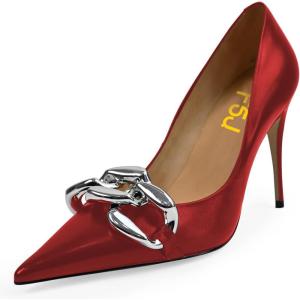 imageFSJ Women Classy Pointed Toe Stiletto High Heel Pumps Slip On Chain Buckle Party Dress Shoes Size 415 USDarkred