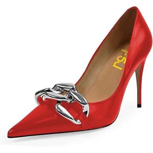 imageFSJ Women Classy Pointed Toe Stiletto High Heel Pumps Slip On Chain Buckle Party Dress Shoes Size 415 USRed