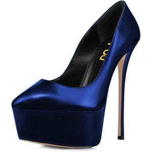 imageFSJ Women Platform High Heel Pumps Stiletto Almond Toe Slip On Closed Toe Wedding Evening Party Prom Dress Shoes Size 415 USDark Blue
