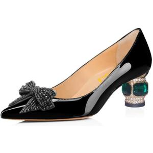 imageFSJ Women Pointed Toe Crystal Pump Rhinestone Bow Block Low Heel Slip On Comfy Date Party Dance Shoes Size 415 USBlack