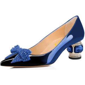 imageFSJ Women Pointed Toe Crystal Pump Rhinestone Bow Block Low Heel Slip On Comfy Date Party Dance Shoes Size 415 USBlue Gradient