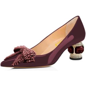 imageFSJ Women Pointed Toe Crystal Pump Rhinestone Bow Block Low Heel Slip On Comfy Date Party Dance Shoes Size 415 USDark Grayish Purple