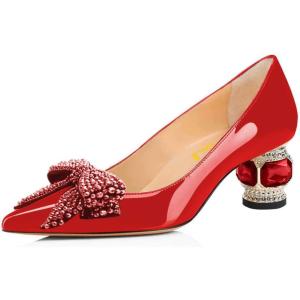 imageFSJ Women Pointed Toe Crystal Pump Rhinestone Bow Block Low Heel Slip On Comfy Date Party Dance Shoes Size 415 USRed