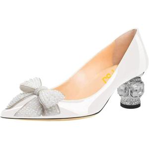 imageFSJ Women Pointed Toe Crystal Pump Rhinestone Bow Block Low Heel Slip On Comfy Date Party Dance Shoes Size 415 USWhite