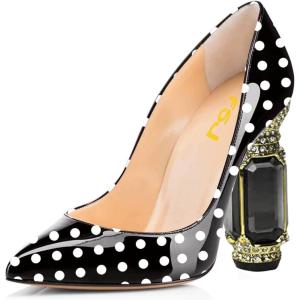 imageFSJ Women Printing Pump Chunky High Crystal Heels Pump Colorful Closed Pointed Toe Bridal Party Dress Shoe Size 415 USBlack Polka Dot