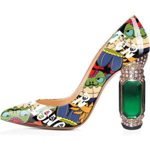 imageFSJ Women Printing Pump Chunky High Crystal Heels Pump Colorful Closed Pointed Toe Bridal Party Dress Shoe Size 415 USCartoon