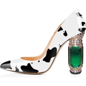 imageFSJ Women Printing Pump Chunky High Crystal Heels Pump Colorful Closed Pointed Toe Bridal Party Dress Shoe Size 415 USCow