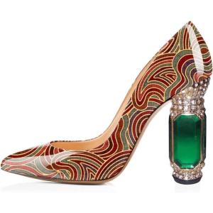 imageFSJ Women Printing Pump Chunky High Crystal Heels Pump Colorful Closed Pointed Toe Bridal Party Dress Shoe Size 415 USFlow