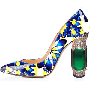 imageFSJ Women Printing Pump Chunky High Crystal Heels Pump Colorful Closed Pointed Toe Bridal Party Dress Shoe Size 415 USFlower Blue