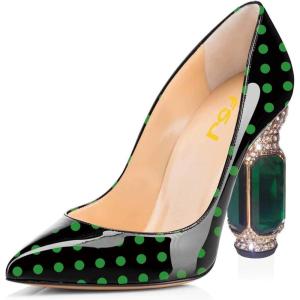 imageFSJ Women Printing Pump Chunky High Crystal Heels Pump Colorful Closed Pointed Toe Bridal Party Dress Shoe Size 415 USGreen Polka Dot