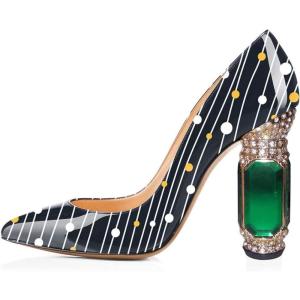 imageFSJ Women Printing Pump Chunky High Crystal Heels Pump Colorful Closed Pointed Toe Bridal Party Dress Shoe Size 415 USLines