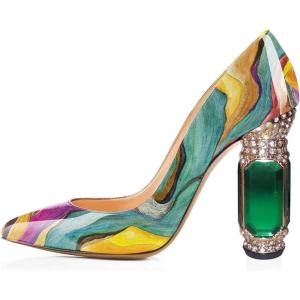 imageFSJ Women Printing Pump Chunky High Crystal Heels Pump Colorful Closed Pointed Toe Bridal Party Dress Shoe Size 415 USOil