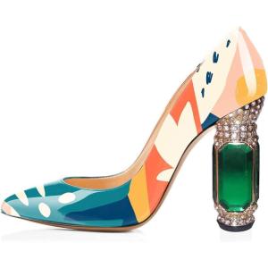 imageFSJ Women Printing Pump Chunky High Crystal Heels Pump Colorful Closed Pointed Toe Bridal Party Dress Shoe Size 415 USWatercolor