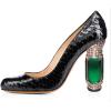 imageFSJ Women Stylish Closed Toe Rhinestone Emerald Chunky High Heel Pumps Rivets Slip on Party Evening Business Shoes Size 415 USBlack