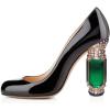 imageFSJ Women Stylish Closed Toe Rhinestone Emerald Chunky High Heel Pumps Rivets Slip on Party Evening Business Shoes Size 415 USBlack Patent