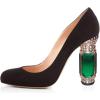 imageFSJ Women Stylish Closed Toe Rhinestone Emerald Chunky High Heel Pumps Rivets Slip on Party Evening Business Shoes Size 415 USBlack Suede