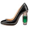 imageFSJ Women Stylish Closed Toe Rhinestone Emerald Chunky High Heel Pumps Rivets Slip on Party Evening Business Shoes Size 415 USBlack Synthetic