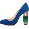 imageFSJ Women Stylish Closed Toe Rhinestone Emerald Chunky High Heel Pumps Rivets Slip on Party Evening Business Shoes Size 415 USBlue
