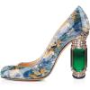 imageFSJ Women Stylish Closed Toe Rhinestone Emerald Chunky High Heel Pumps Rivets Slip on Party Evening Business Shoes Size 415 USBlue Floral