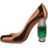 imageFSJ Women Stylish Closed Toe Rhinestone Emerald Chunky High Heel Pumps Rivets Slip on Party Evening Business Shoes Size 415 USBrown