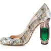 imageFSJ Women Stylish Closed Toe Rhinestone Emerald Chunky High Heel Pumps Rivets Slip on Party Evening Business Shoes Size 415 USKhaki Floral