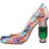 imageFSJ Women Stylish Closed Toe Rhinestone Emerald Chunky High Heel Pumps Rivets Slip on Party Evening Business Shoes Size 415 USMulti Floral