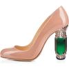 imageFSJ Women Stylish Closed Toe Rhinestone Emerald Chunky High Heel Pumps Rivets Slip on Party Evening Business Shoes Size 415 USNude
