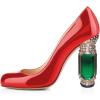 imageFSJ Women Stylish Closed Toe Rhinestone Emerald Chunky High Heel Pumps Rivets Slip on Party Evening Business Shoes Size 415 USRed