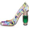 imageFSJ Women Stylish Closed Toe Rhinestone Emerald Chunky High Heel Pumps Rivets Slip on Party Evening Business Shoes Size 415 USYellow Floral