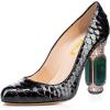 imageFSJ Women Stylish Closed Toe Rhinestone Emerald Chunky High Heel Pumps Rivets Slip on Party Evening Business Shoes Size 415 USBlack