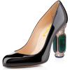 imageFSJ Women Stylish Closed Toe Rhinestone Emerald Chunky High Heel Pumps Rivets Slip on Party Evening Business Shoes Size 415 USBlack Patent