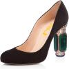 imageFSJ Women Stylish Closed Toe Rhinestone Emerald Chunky High Heel Pumps Rivets Slip on Party Evening Business Shoes Size 415 USBlack Suede
