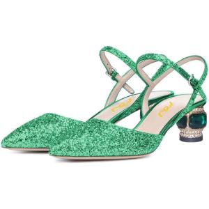imageFSJ Women Ankle Strap Glitter Sandals Pointed Toe Rhinestone Heels Graceful Shoes Slip On Slingback Dorsay Prom Dress Pumps Size 415 USEmerald
