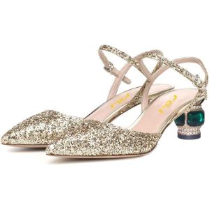 imageFSJ Women Ankle Strap Glitter Sandals Pointed Toe Rhinestone Heels Graceful Shoes Slip On Slingback Dorsay Prom Dress Pumps Size 415 USGold