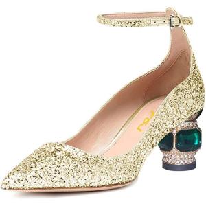 imageFSJ Women Ankle Strap Glitter Sandals Pointed Toe Rhinestone Heels Graceful Shoes Slip On Slingback Dorsay Prom Dress Pumps Size 415 USGold2