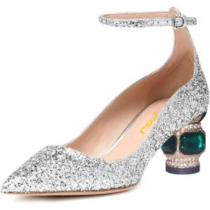 imageFSJ Women Ankle Strap Glitter Sandals Pointed Toe Rhinestone Heels Graceful Shoes Slip On Slingback Dorsay Prom Dress Pumps Size 415 USSilver