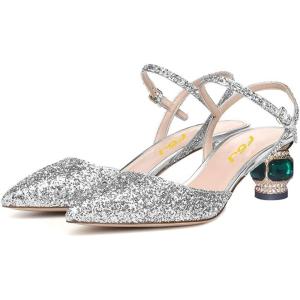 imageFSJ Women Ankle Strap Glitter Sandals Pointed Toe Rhinestone Heels Graceful Shoes Slip On Slingback Dorsay Prom Dress Pumps Size 415 USSilver2