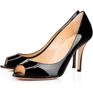 imageFSJ Women Flattering Peep Toe Party Dress Shoes Glossy Patent Stiletto High Heel Pumps Size 415 USBlack